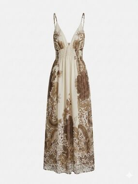 Boho Floral Maxi Dress Cream Brown Flowy Spring Garden Vacation Dress